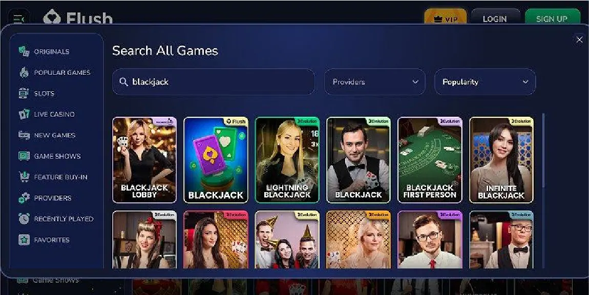 Flush casino lobby captured during our Ethereum casino review