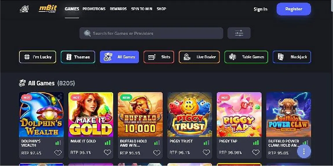 mBit casino lobby captured during our Ethereum casino review