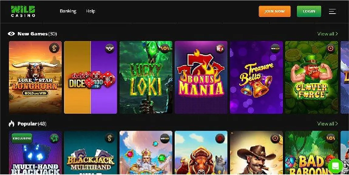 Wild Casino casino lobby captured during our Ethereum casino review